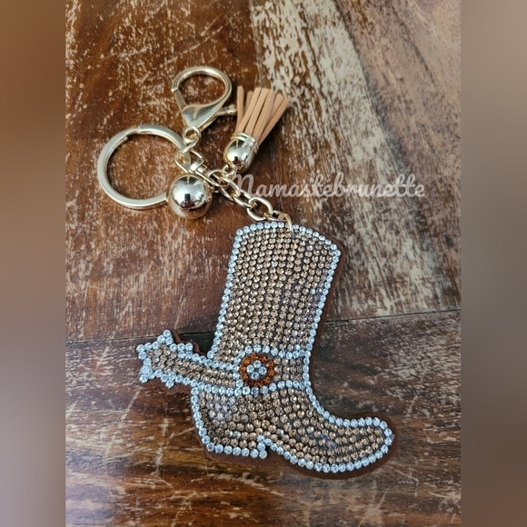 Western Boot Crystal Rhinestone Keychain Bag Charm With Tan Tassel - Picture 1 of 17
